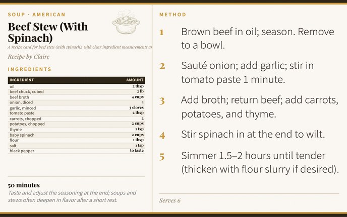 Beef Stew (With Spinach) recipe card