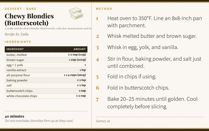 Chewy Blondies (Butterscotch) recipe card