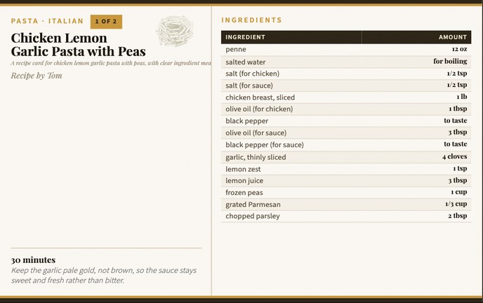 Chicken Lemon Garlic Pasta with Peas recipe card