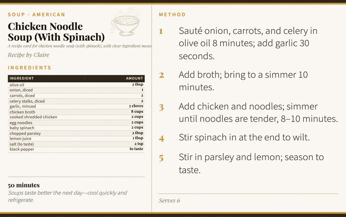 Chicken Noodle Soup (With Spinach) recipe card