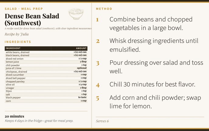 Dense Bean Salad (Southwest) recipe card