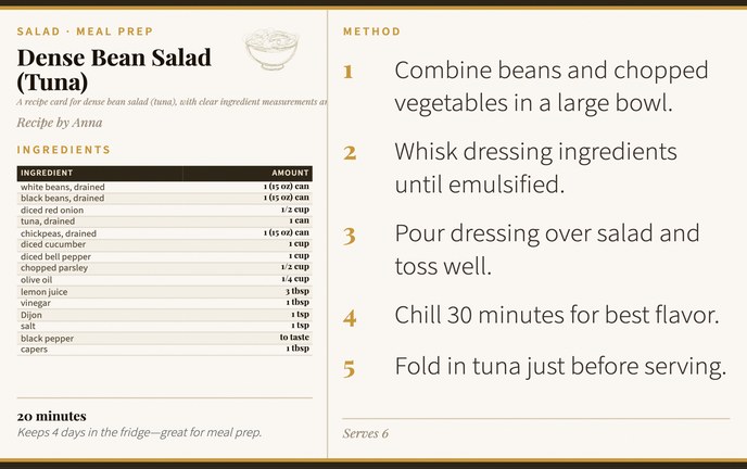 Dense Bean Salad (Tuna) recipe card