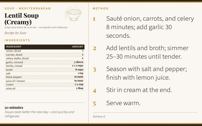Lentil Soup (Creamy) recipe card