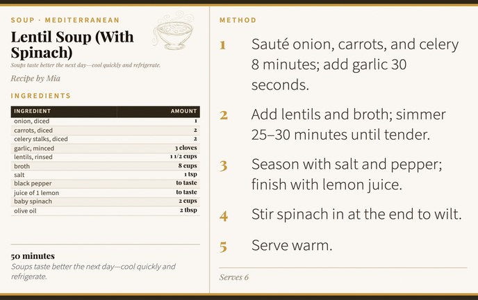 Lentil Soup (With Spinach) recipe card