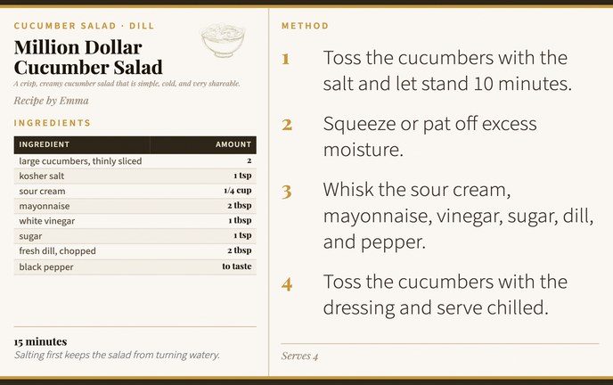 Million Dollar Cucumber Salad recipe card