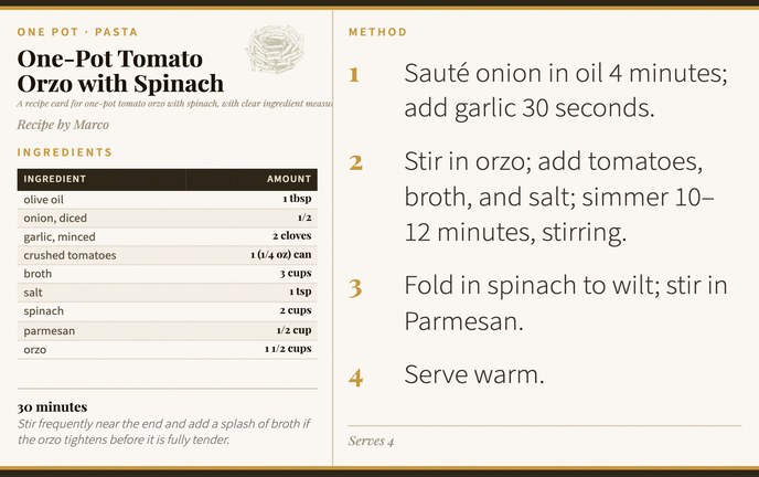 One-Pot Tomato Orzo with Spinach recipe card