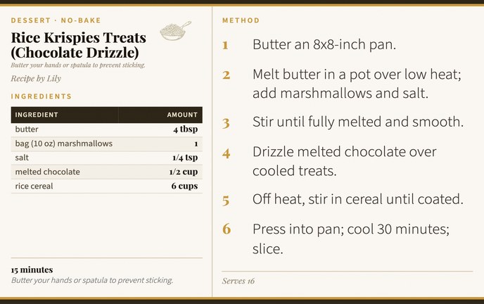 Rice Krispies Treats (Chocolate Drizzle) recipe card