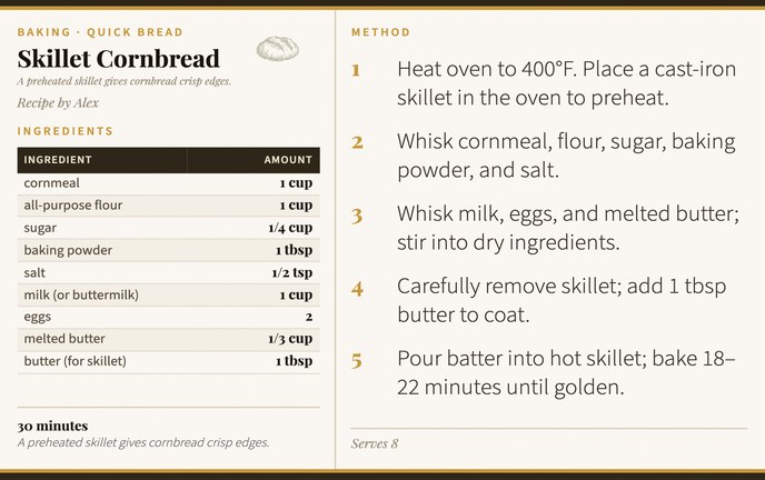 Skillet Cornbread recipe card