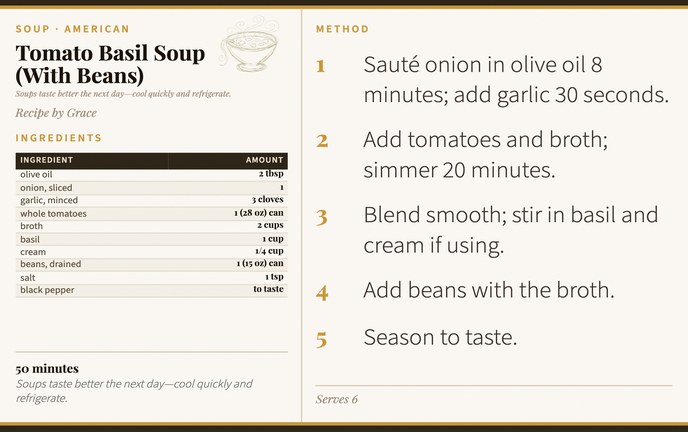 Tomato Basil Soup (With Beans) recipe card