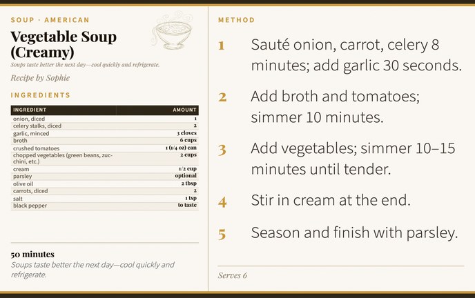 Vegetable Soup (Creamy) recipe card