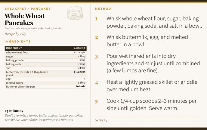 Whole Wheat Pancakes recipe card